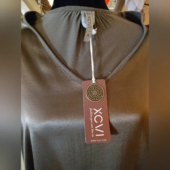 XCVI Olive Green Asymmetrical Short Sleeve T-Shirt - Picture 2 of 6